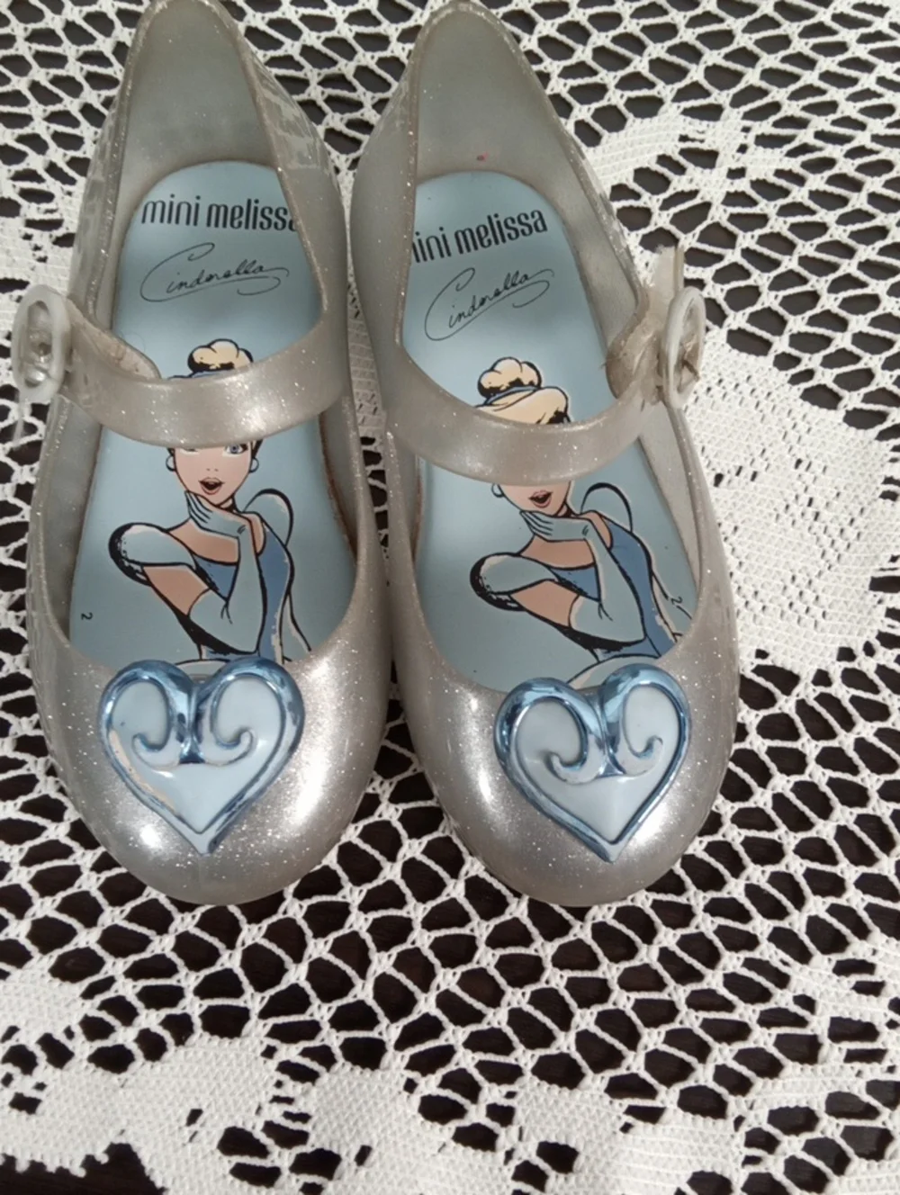 Mini Melissa Silver Glitter Mary Jane Shoes with Blue Heart Cinderella Size 8